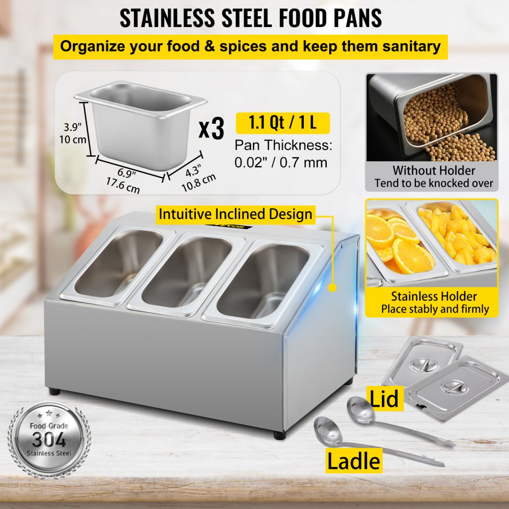 Estante para especias VEVOR, de una fila, organizador de acero inoxidable con tres sartenes de 1/9 y tres cucharones, soporte inclinado para condimentos, salsas, mermeladas, frutas e ingredientes, para usar en la despensa de la cocina.