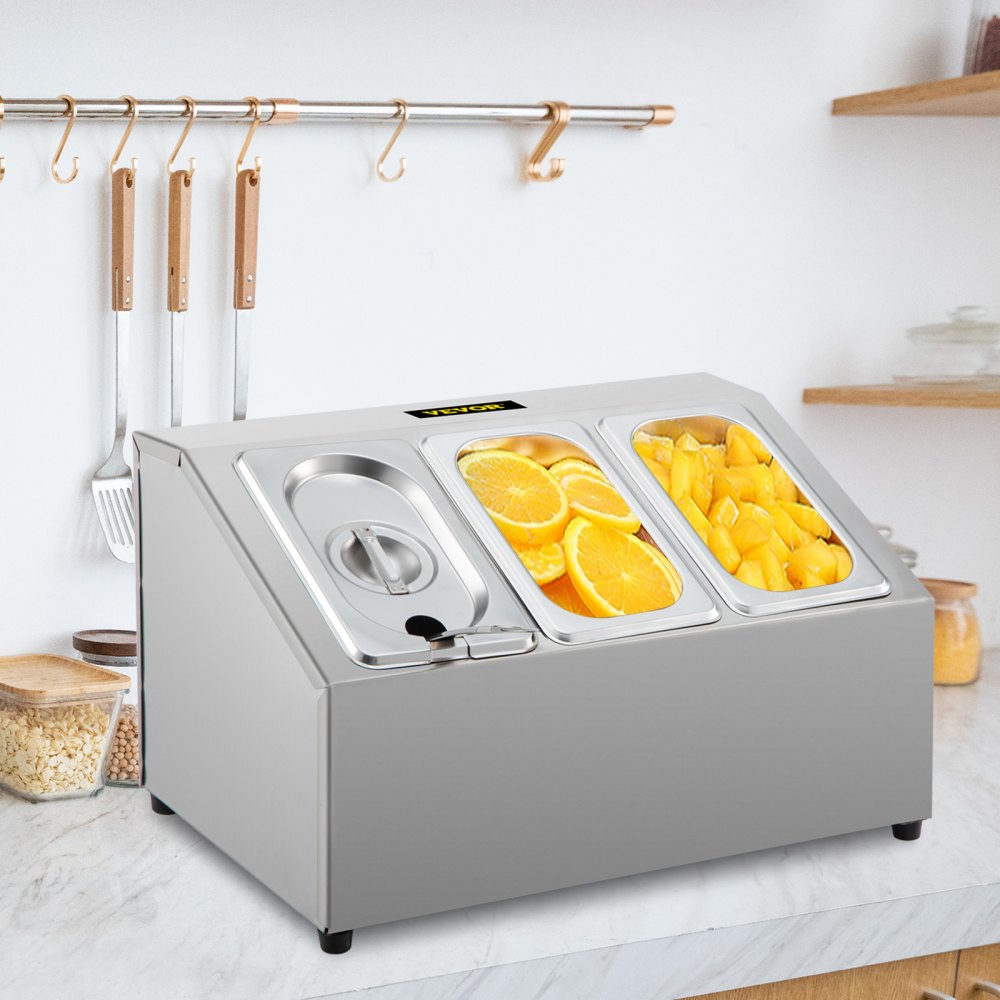 Estante para especias VEVOR, de una fila, organizador de acero inoxidable con tres sartenes de 1/9 y tres cucharones, soporte inclinado para condimentos, salsas, mermeladas, frutas e ingredientes, para usar en la despensa de la cocina.