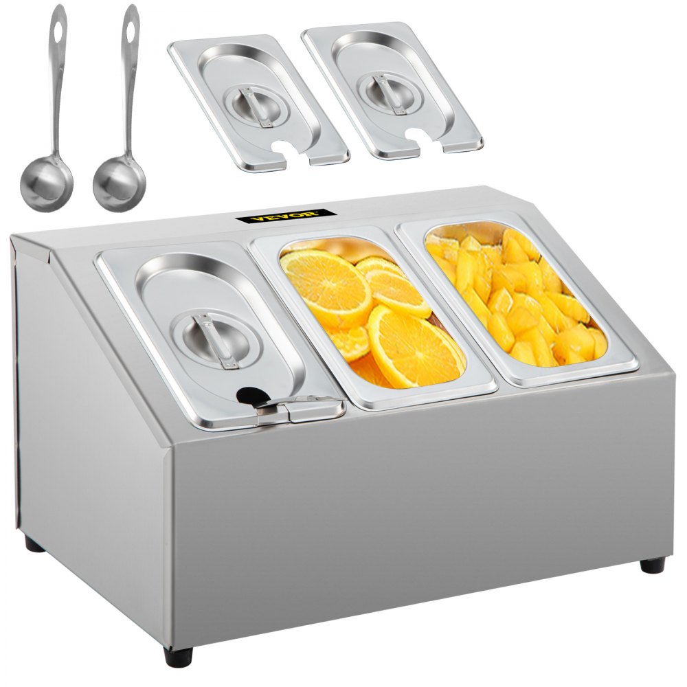 Estante para especias VEVOR, de una fila, organizador de acero inoxidable con tres sartenes de 1/9 y tres cucharones, soporte inclinado para condimentos, salsas, mermeladas, frutas e ingredientes, para usar en la despensa de la cocina.