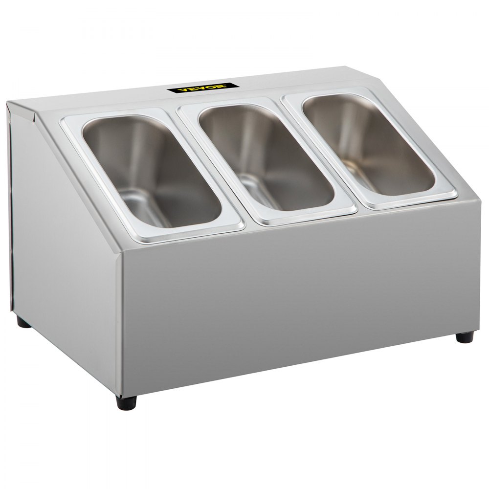 Estante para especias VEVOR, de una fila, organizador de acero inoxidable con tres sartenes de 1/9 y tres cucharones, soporte inclinado para condimentos, salsas, mermeladas, frutas e ingredientes, para usar en la despensa de la cocina.