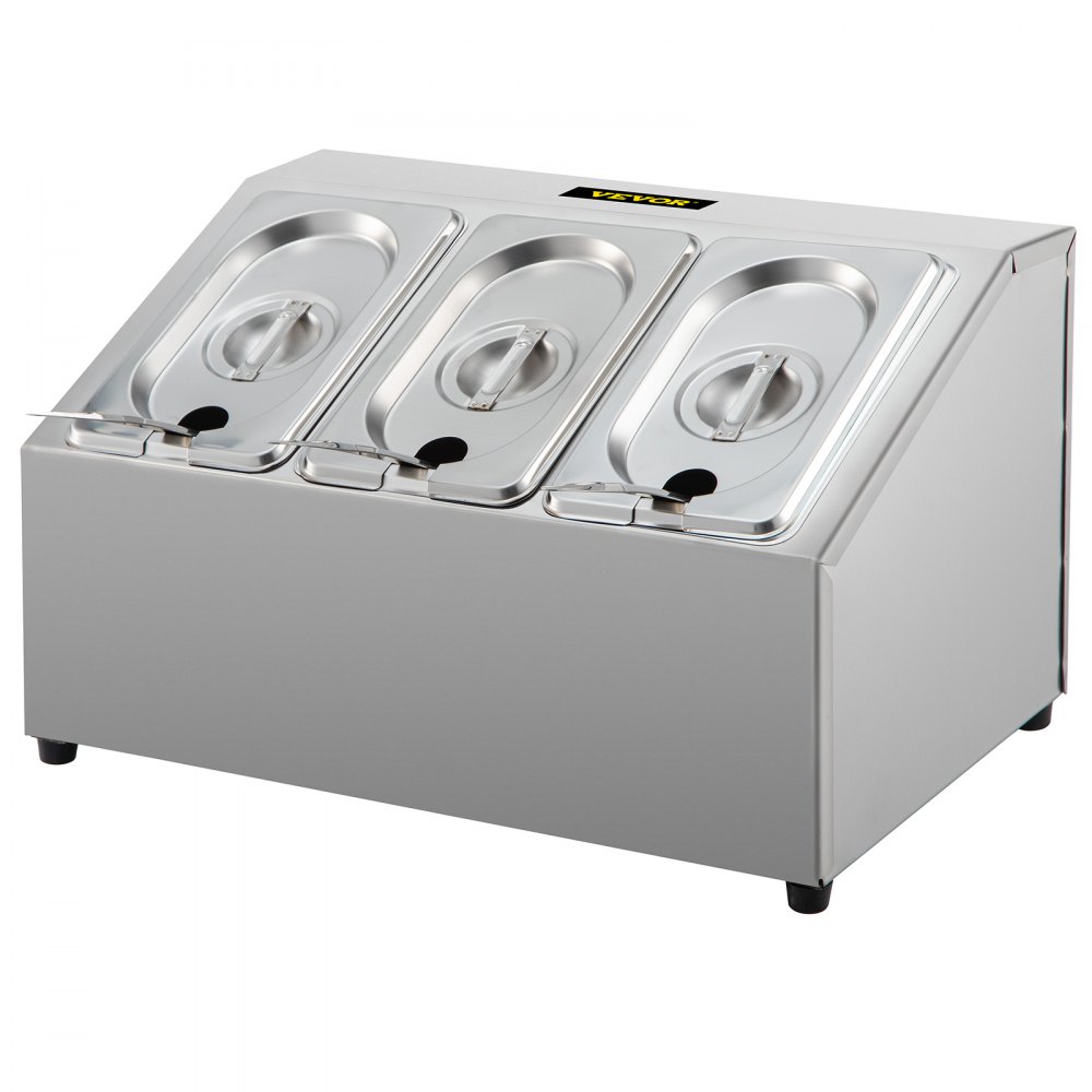 Estante para especias VEVOR, de una fila, organizador de acero inoxidable con tres sartenes de 1/9 y tres cucharones, soporte inclinado para condimentos, salsas, mermeladas, frutas e ingredientes, para usar en la despensa de la cocina.