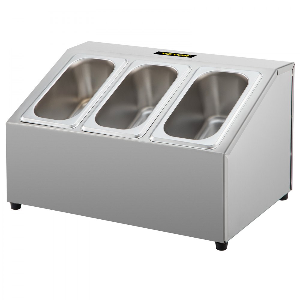 Estante para especias VEVOR, de una fila, organizador de acero inoxidable con tres sartenes de 1/9 y tres cucharones, soporte inclinado para condimentos, salsas, mermeladas, frutas e ingredientes, para usar en la despensa de la cocina.