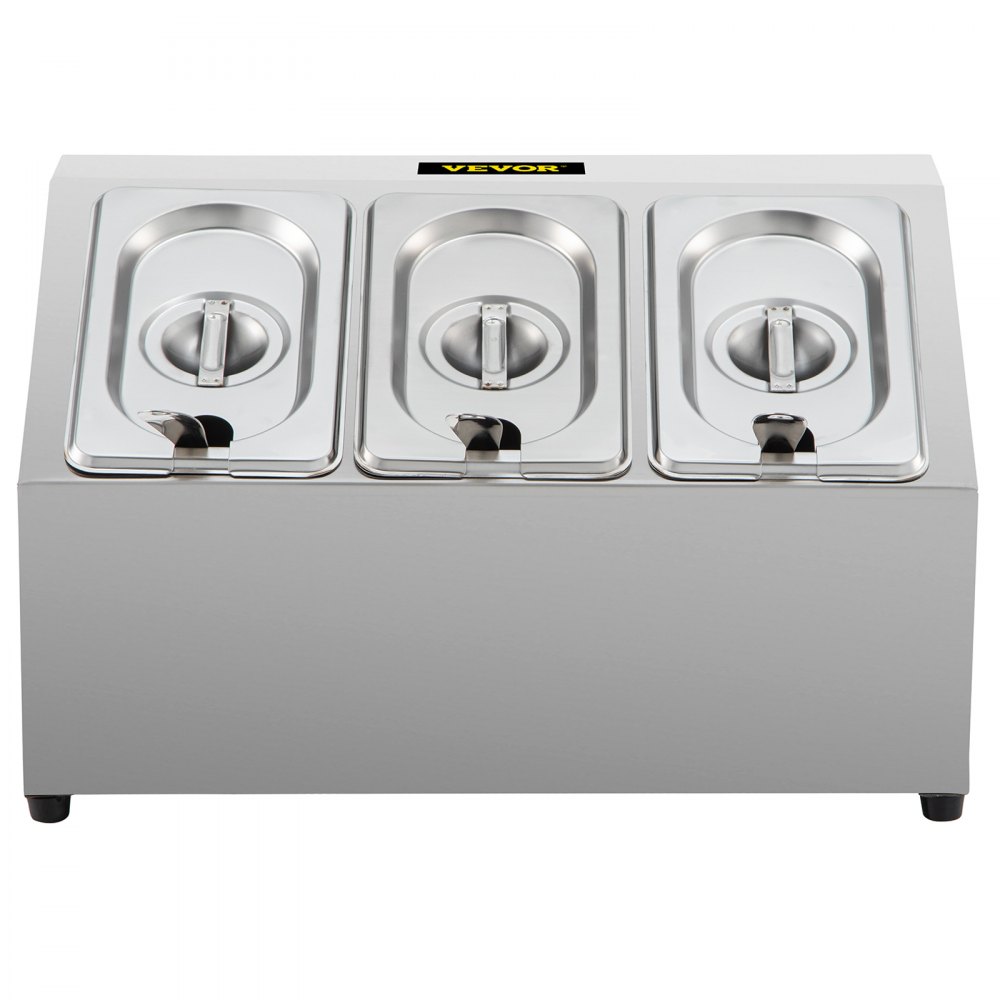 Estante para especias VEVOR, de una fila, organizador de acero inoxidable con tres sartenes de 1/9 y tres cucharones, soporte inclinado para condimentos, salsas, mermeladas, frutas e ingredientes, para usar en la despensa de la cocina.