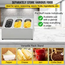 Estante para especias VEVOR, una fila, soporte organizador de acero inoxidable con tres sartenes de 1/9 y tres cucharones, soporte inclinado para encimera para condimentar salsa, mermelada, ingredientes de frutas, para uso en despensa de cocina