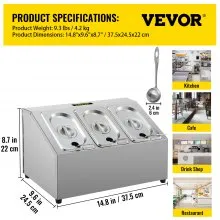 Estante para especias VEVOR, una fila, soporte organizador de acero inoxidable con tres sartenes de 1/9 y tres cucharones, soporte inclinado para encimera para condimentar salsa, mermelada, ingredientes de frutas, para uso en despensa de cocina