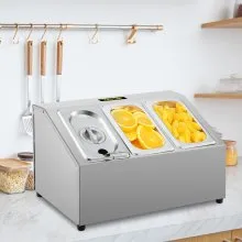 Estante para especias VEVOR, una fila, soporte organizador de acero inoxidable con tres sartenes de 1/9 y tres cucharones, soporte inclinado para encimera para condimentar salsa, mermelada, ingredientes de frutas, para uso en despensa de cocina
