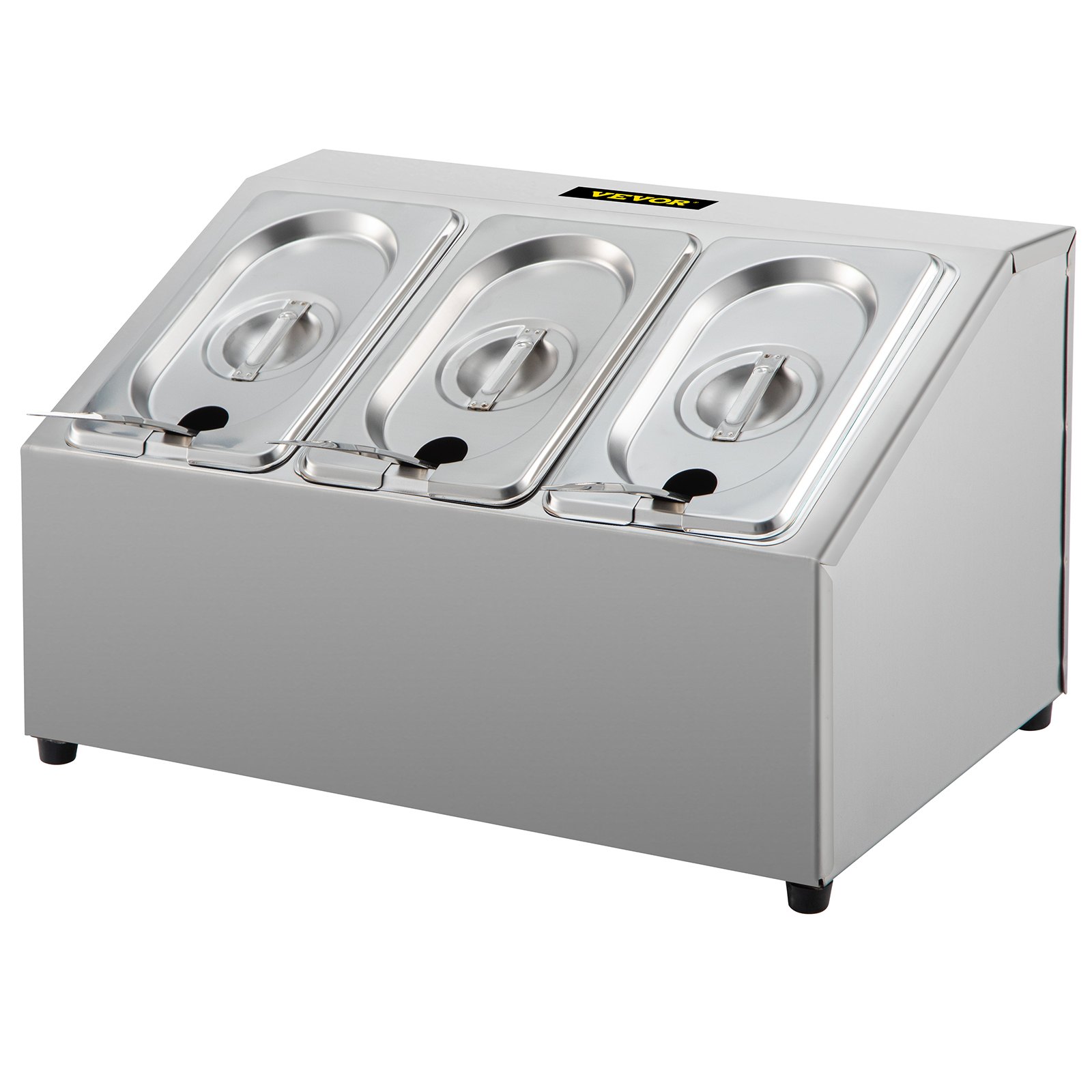 Estante para especias VEVOR, una fila, soporte organizador de acero inoxidable con tres sartenes de 1/9 y tres cucharones, soporte inclinado para encimera para condimentar salsa, mermelada, ingredientes de frutas, para uso en despensa de cocina