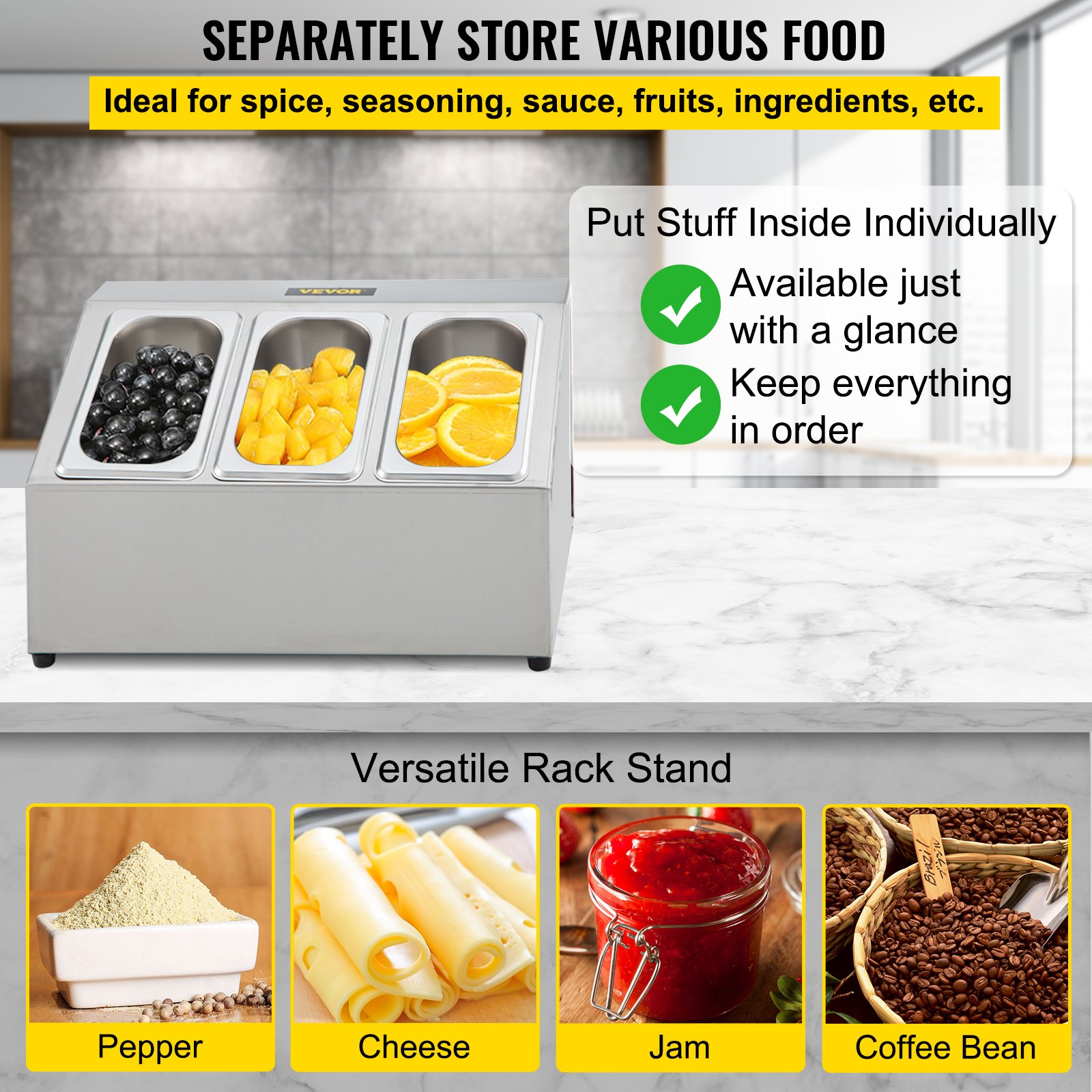 Estante para especias VEVOR, de una fila, organizador de acero inoxidable con tres sartenes de 1/9 y tres cucharones, soporte inclinado para condimentos, salsas, mermeladas, frutas e ingredientes, para usar en la despensa de la cocina.