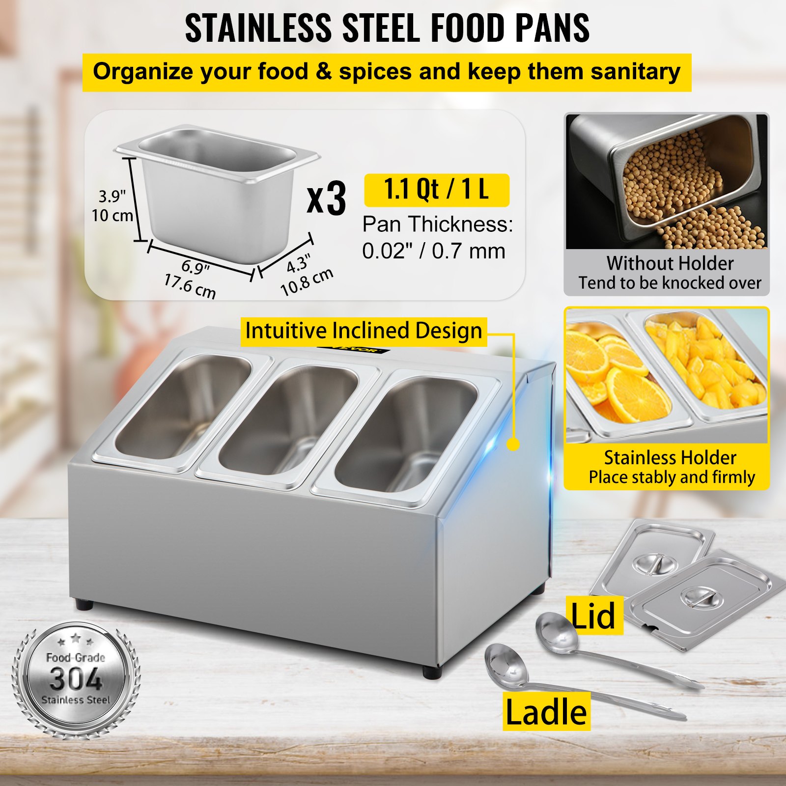 Estante para especias VEVOR, de una fila, organizador de acero inoxidable con tres sartenes de 1/9 y tres cucharones, soporte inclinado para condimentos, salsas, mermeladas, frutas e ingredientes, para usar en la despensa de la cocina.