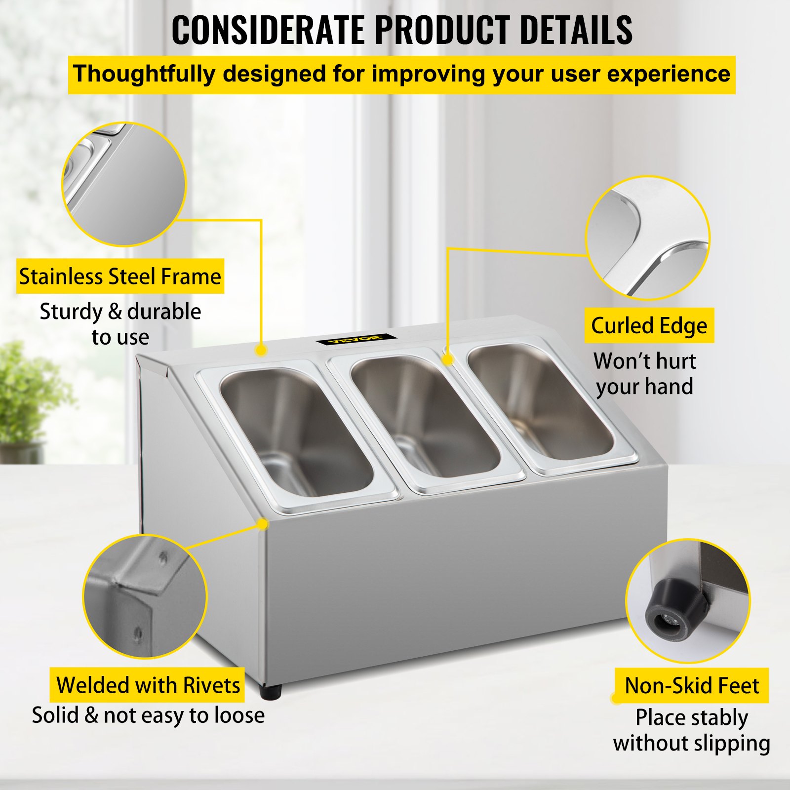 Estante para especias VEVOR, de una fila, organizador de acero inoxidable con tres sartenes de 1/9 y tres cucharones, soporte inclinado para condimentos, salsas, mermeladas, frutas e ingredientes, para usar en la despensa de la cocina.