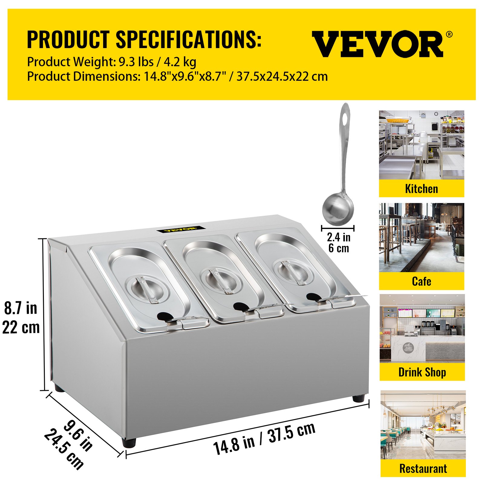 Estante para especias VEVOR, de una fila, organizador de acero inoxidable con tres sartenes de 1/9 y tres cucharones, soporte inclinado para condimentos, salsas, mermeladas, frutas e ingredientes, para usar en la despensa de la cocina.