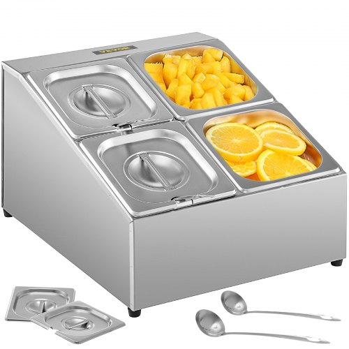 VEVOR Estante para especias, dos filas, soporte organizador de acero inoxidable con cuatro sartenes de 1/6 y cuatro cucharones, soporte inclinado para encimera para condimentar salsa, mermelada, ingredientes de frutas, para uso en despensa de cocina