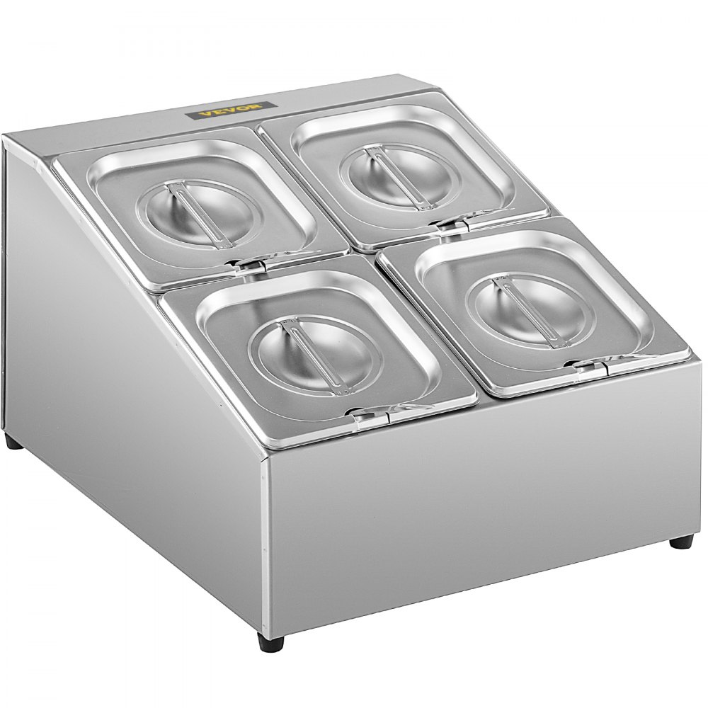 Estante para especias VEVOR con cuatro compartimentos y tapas de acero inoxidable.