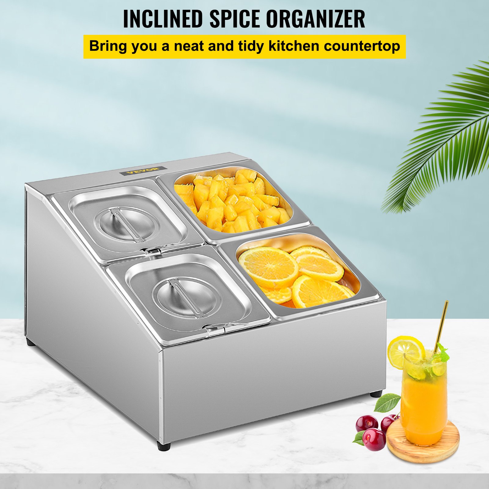 Estante para especias VEVOR con dos compartimentos que contienen frutas picadas.