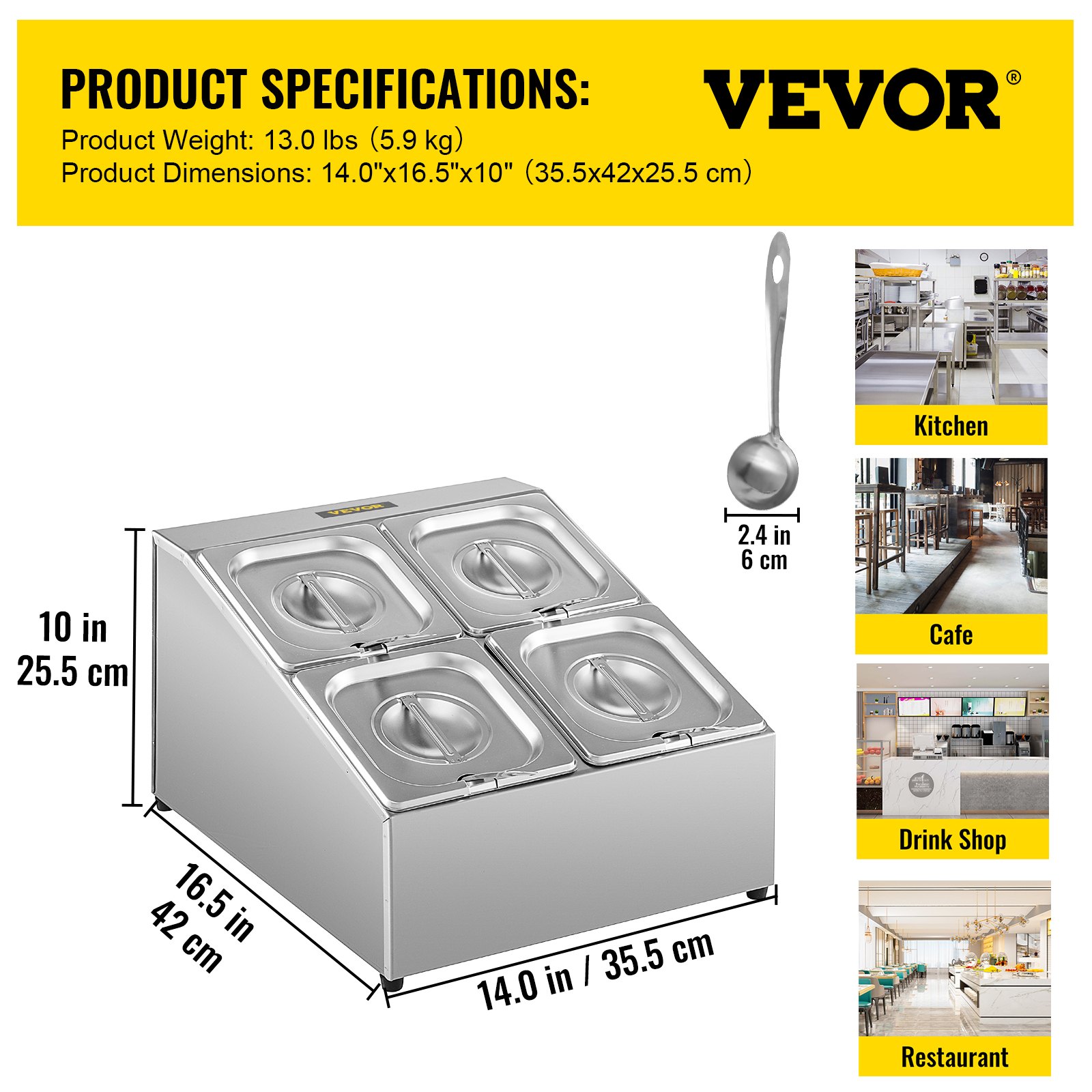 Estante para especias VEVOR con dimensiones y aplicaciones en cocina, cafetería y restaurante.
