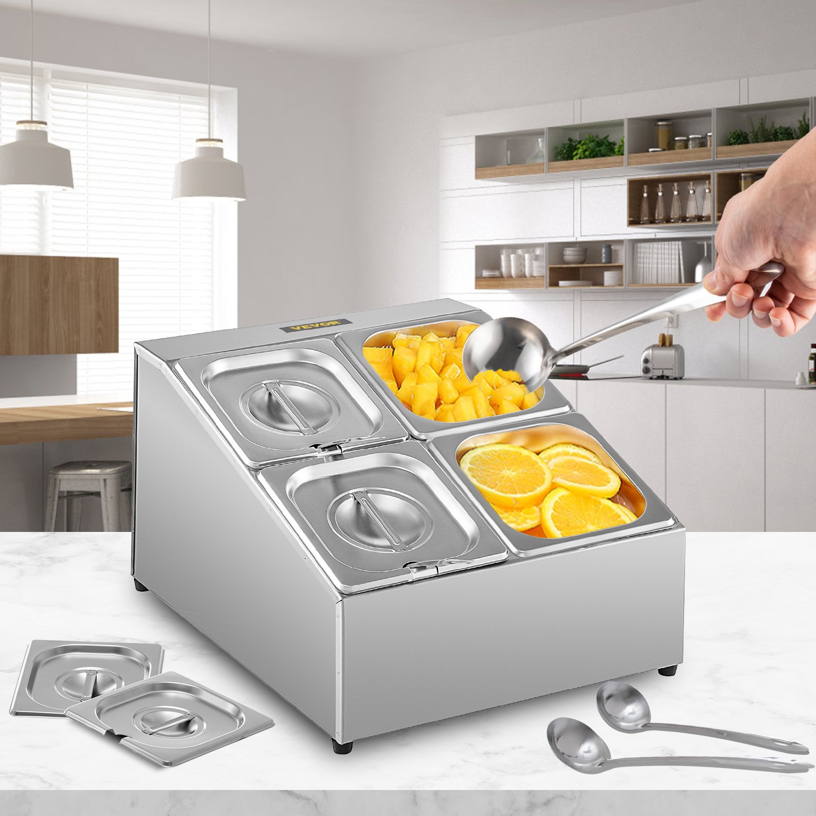 Estante para especias VEVOR con compartimentos para frutas frescas en un entorno de cocina moderno.