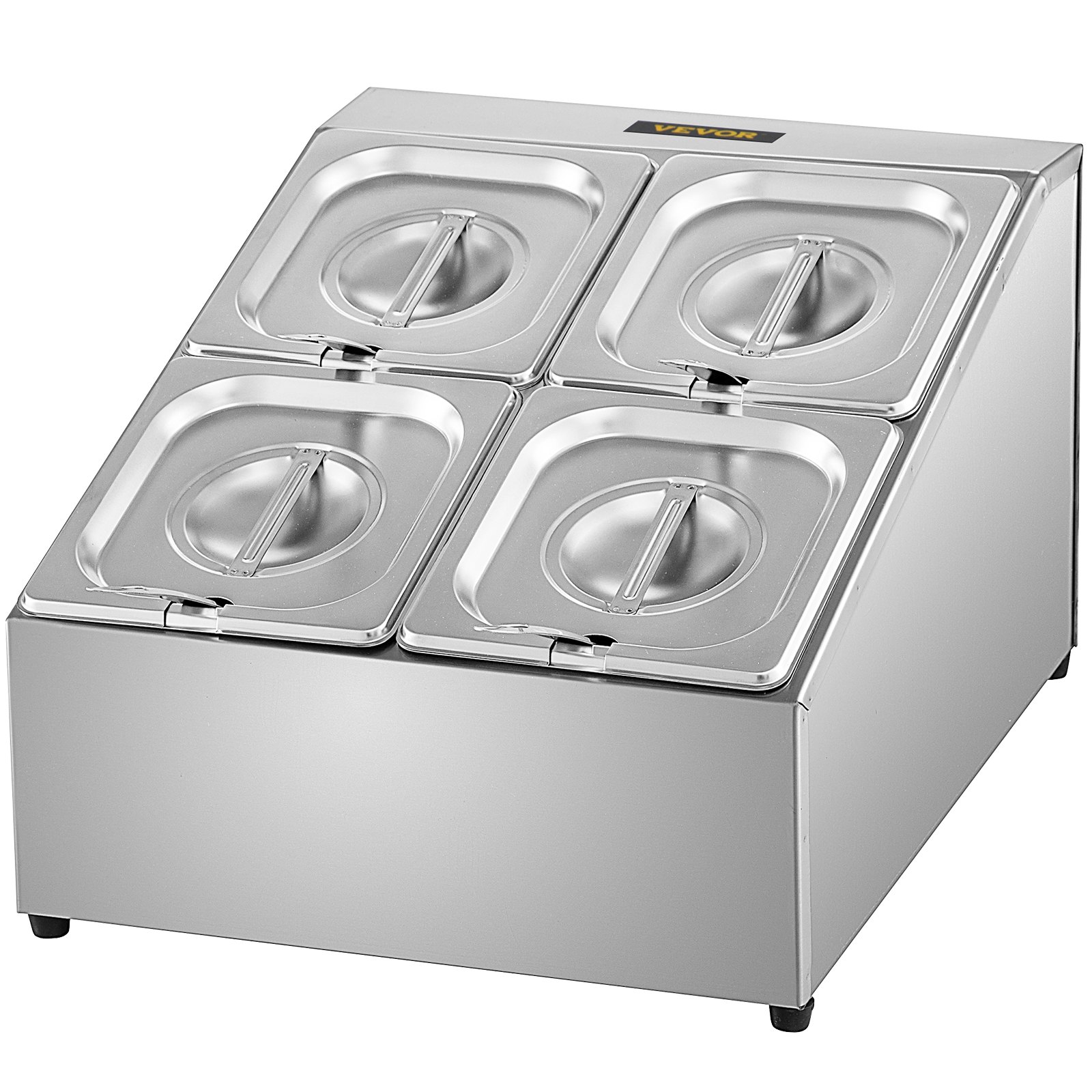 Estante para especias VEVOR de acero inoxidable con cuatro compartimentos con tapa.