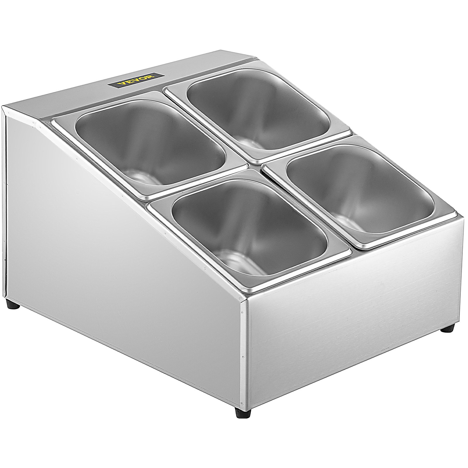 Estante para especias VEVOR con cuatro compartimentos de acero inoxidable, diseño en ángulo.