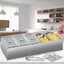Estante de especias VEVOR en una cocina moderna con compartimentos para alimentos y cucharas para servir.