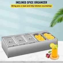 Estante para especias VEVOR, una fila, soporte organizador de acero inoxidable con cinco sartenes de 1/3 y cinco cucharones, soporte inclinado para encimera para condimentar salsa, mermelada, ingredientes de frutas, para uso en despensa de cocina