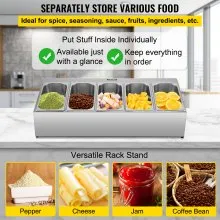 Estante para especias VEVOR, una fila, soporte organizador de acero inoxidable con cinco sartenes de 1/3 y cinco cucharones, soporte inclinado para encimera para condimentar salsa, mermelada, ingredientes de frutas, para uso en despensa de cocina