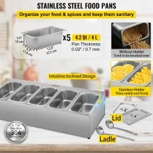 Estante para especias VEVOR, una fila, soporte organizador de acero inoxidable con cinco sartenes de 1/3 y cinco cucharones, soporte inclinado para encimera para condimentar salsa, mermelada, ingredientes de frutas, para uso en despensa de cocina