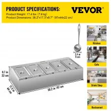 Estante para especias VEVOR, una fila, soporte organizador de acero inoxidable con cinco sartenes de 1/3 y cinco cucharones, soporte inclinado para encimera para condimentar salsa, mermelada, ingredientes de frutas, para uso en despensa de cocina