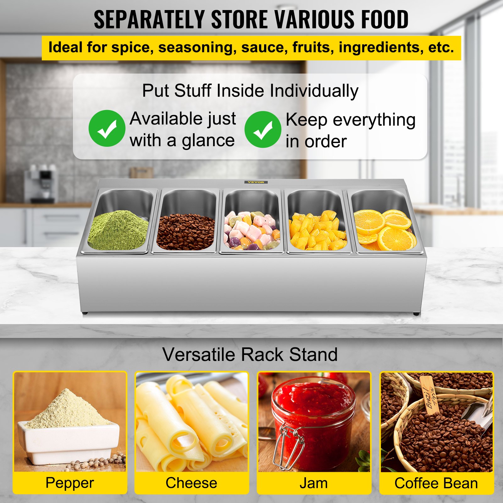 Estante de especias VEVOR para especias, granos de café, queso y frutas en un entorno de cocina moderno.