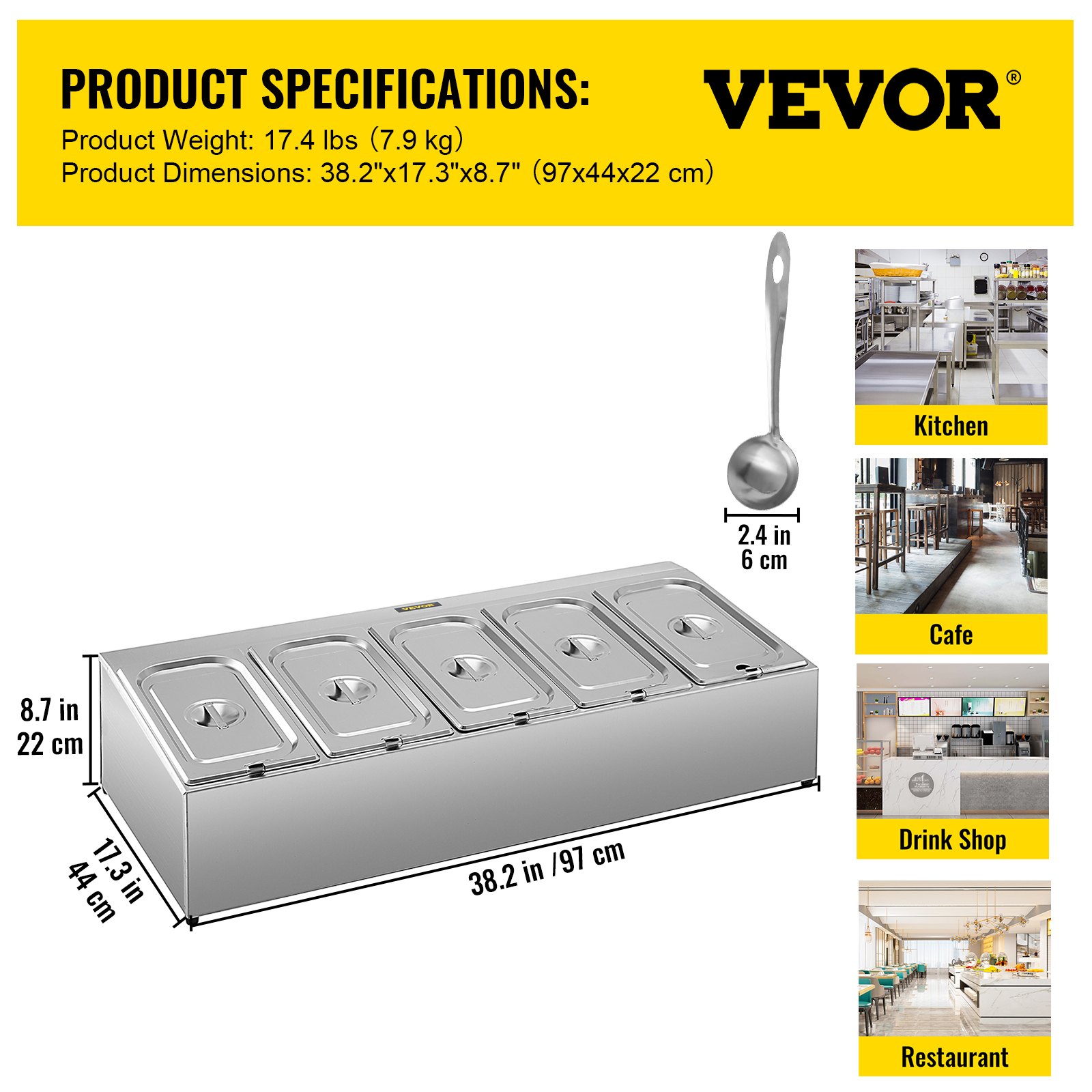 Estante para especias VEVOR con dimensiones y aplicaciones en cocina, cafetería, tienda de bebidas, restaurante.