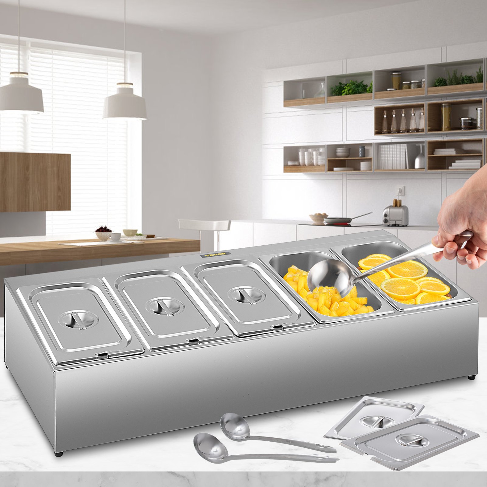 Estante de especias VEVOR en una cocina moderna con compartimentos para alimentos y cucharas para servir.