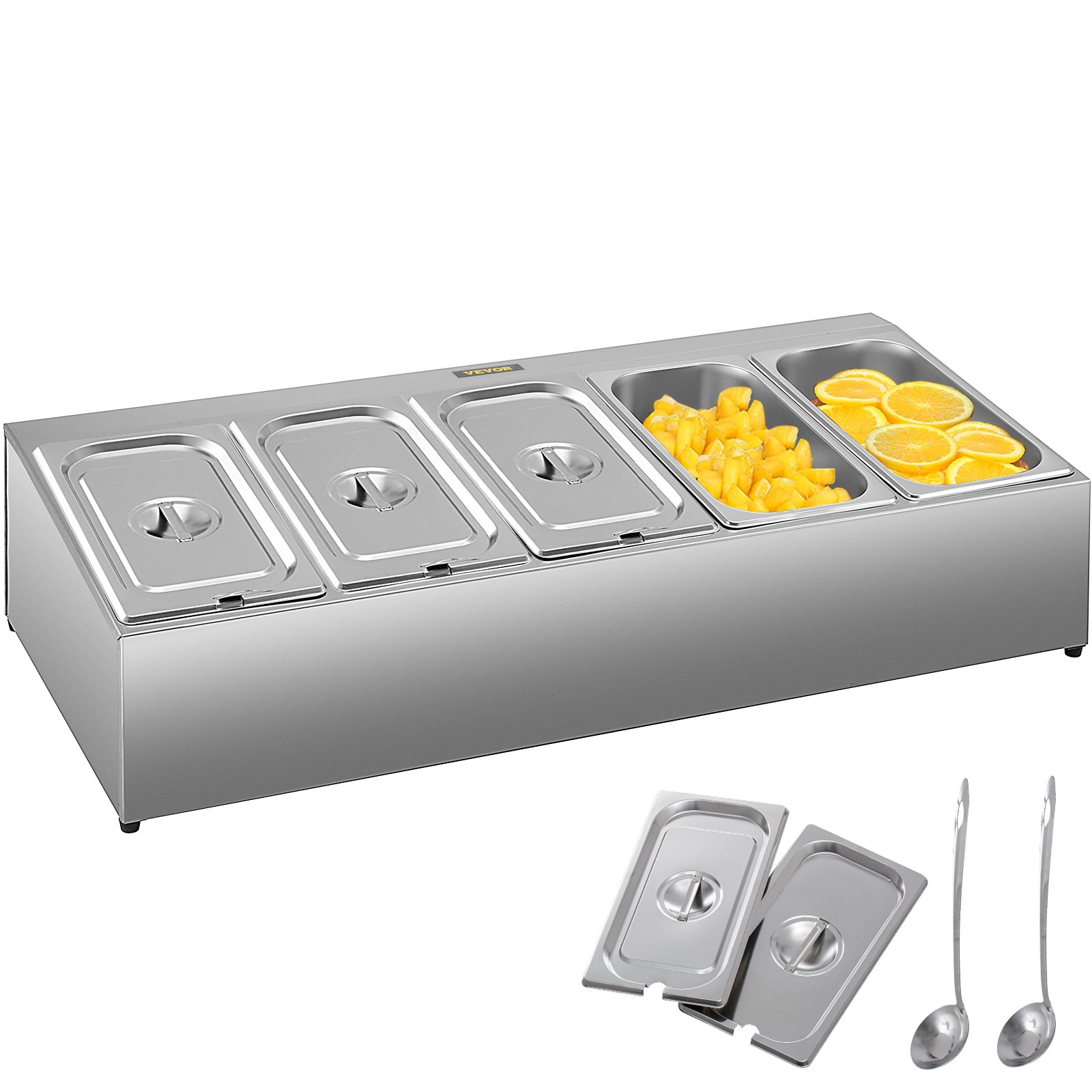 Especiero VEVOR con bandejas de acero inoxidable, tapas y cucharas para servir, para almacenar frutas.