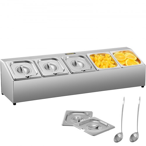 Estante para especias VEVOR, una fila, soporte organizador de acero inoxidable con cinco sartenes de 1/6 y cinco cucharones, soporte inclinado para encimera para condimentar salsa, mermelada, ingredientes de frutas, para uso en despensa de cocina