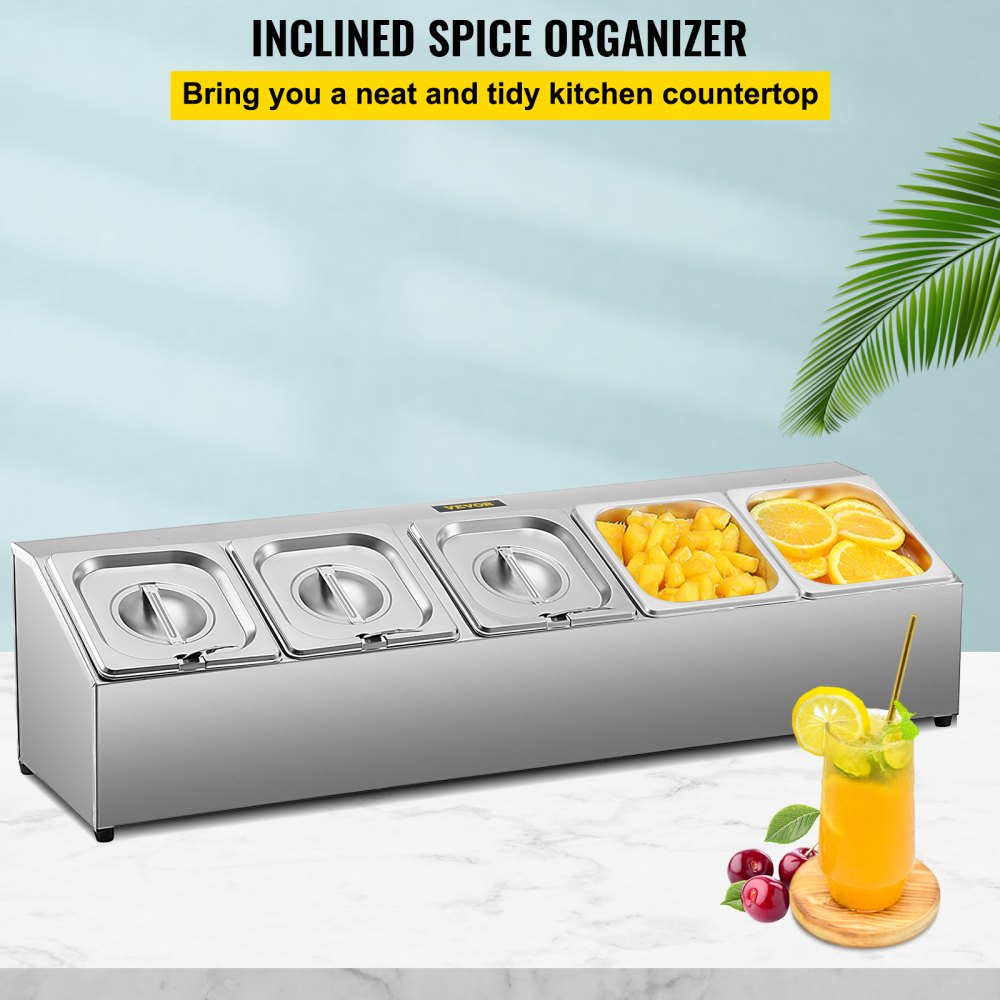 Estante para especias VEVOR con recipientes de acero inoxidable, frutas y bebidas.