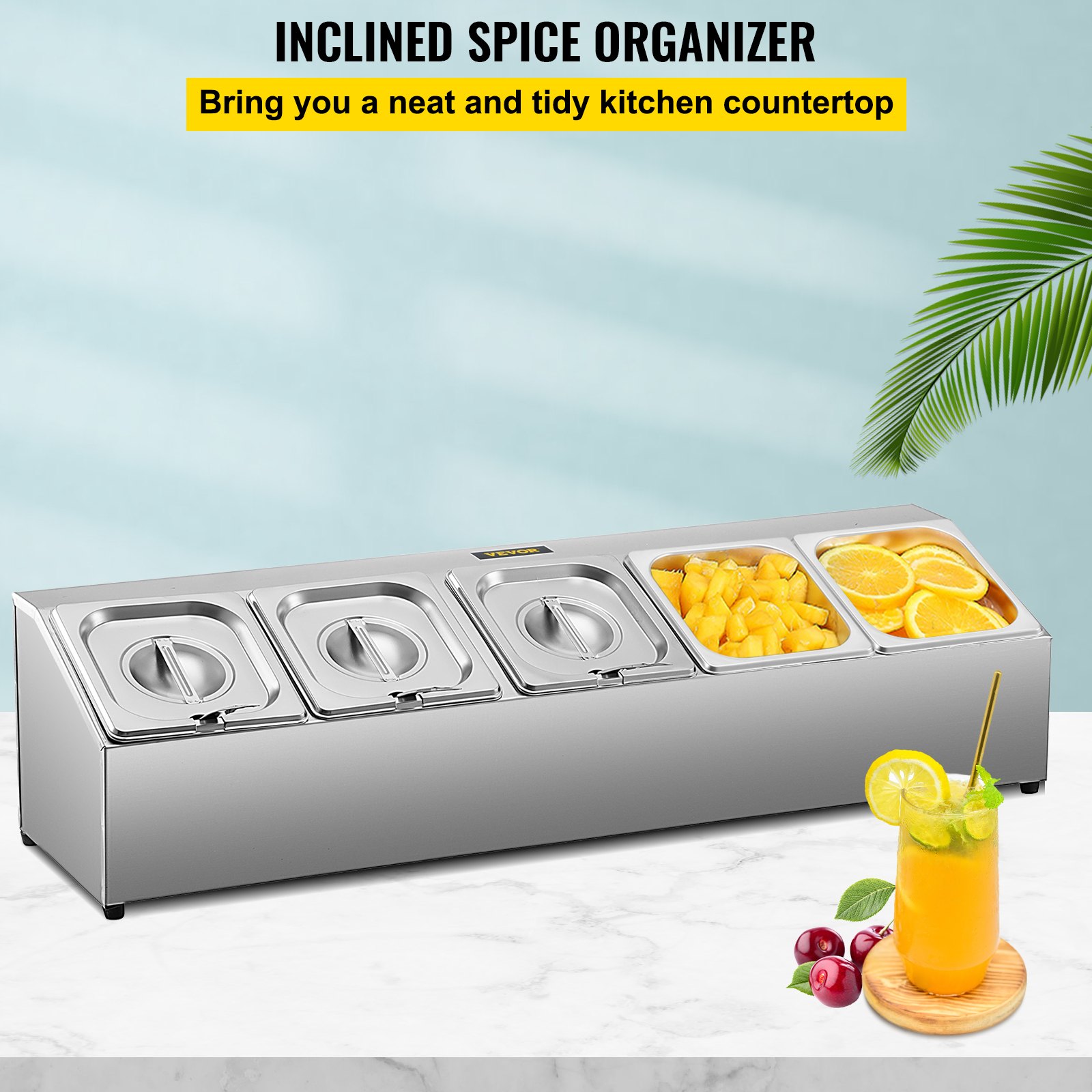Estante para especias VEVOR con recipientes de acero inoxidable, frutas y bebidas.