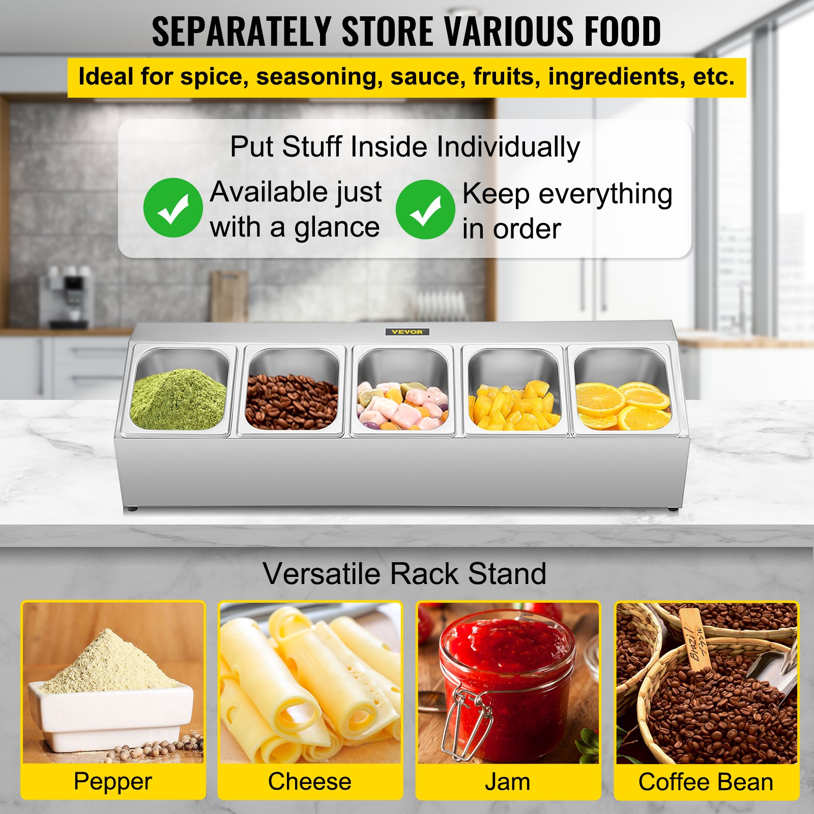 Estante para especias VEVOR que muestra recipientes separados para especias, queso y granos de café.