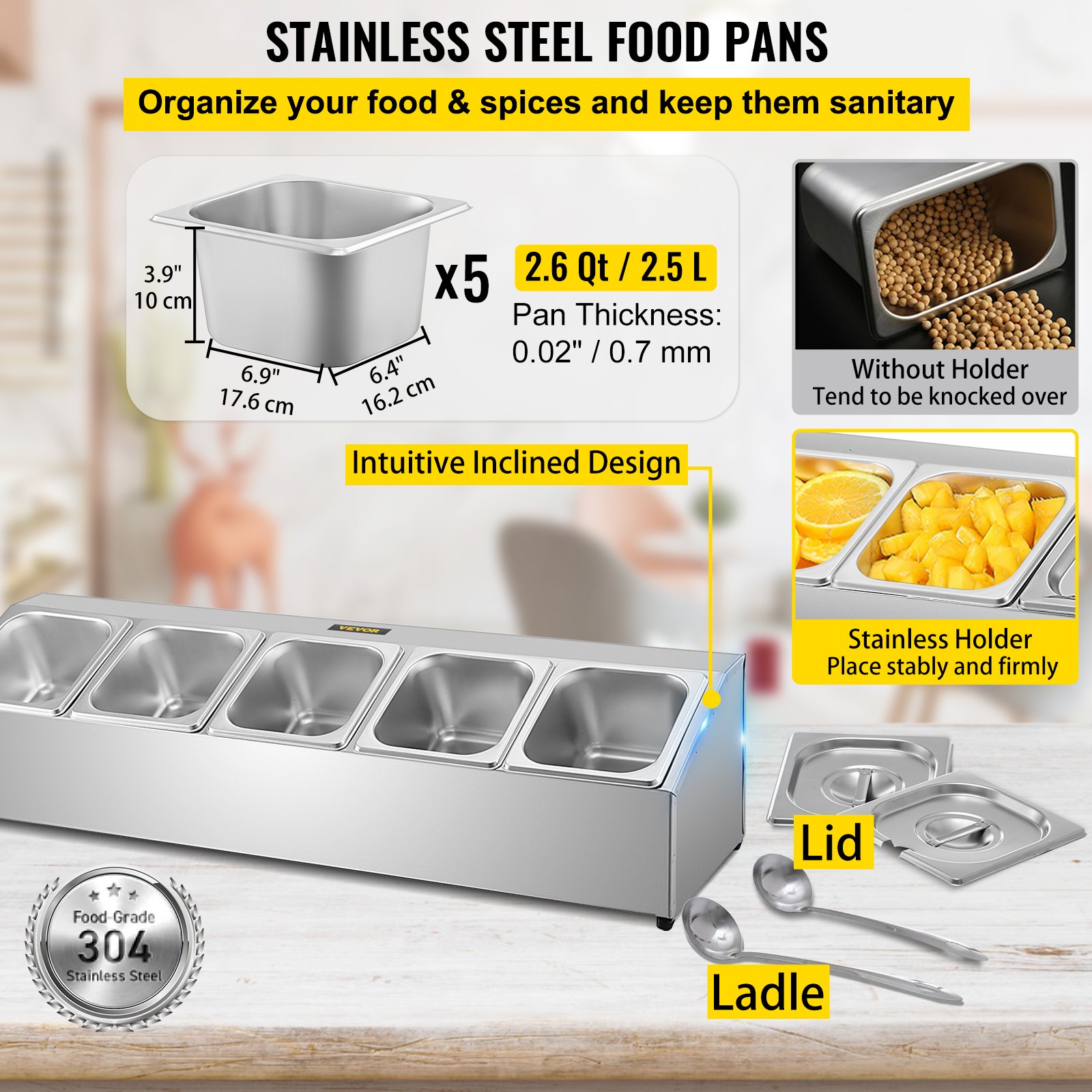Bandejas de acero inoxidable para alimentos con estante para especias VEVOR, diseño inclinado intuitivo.