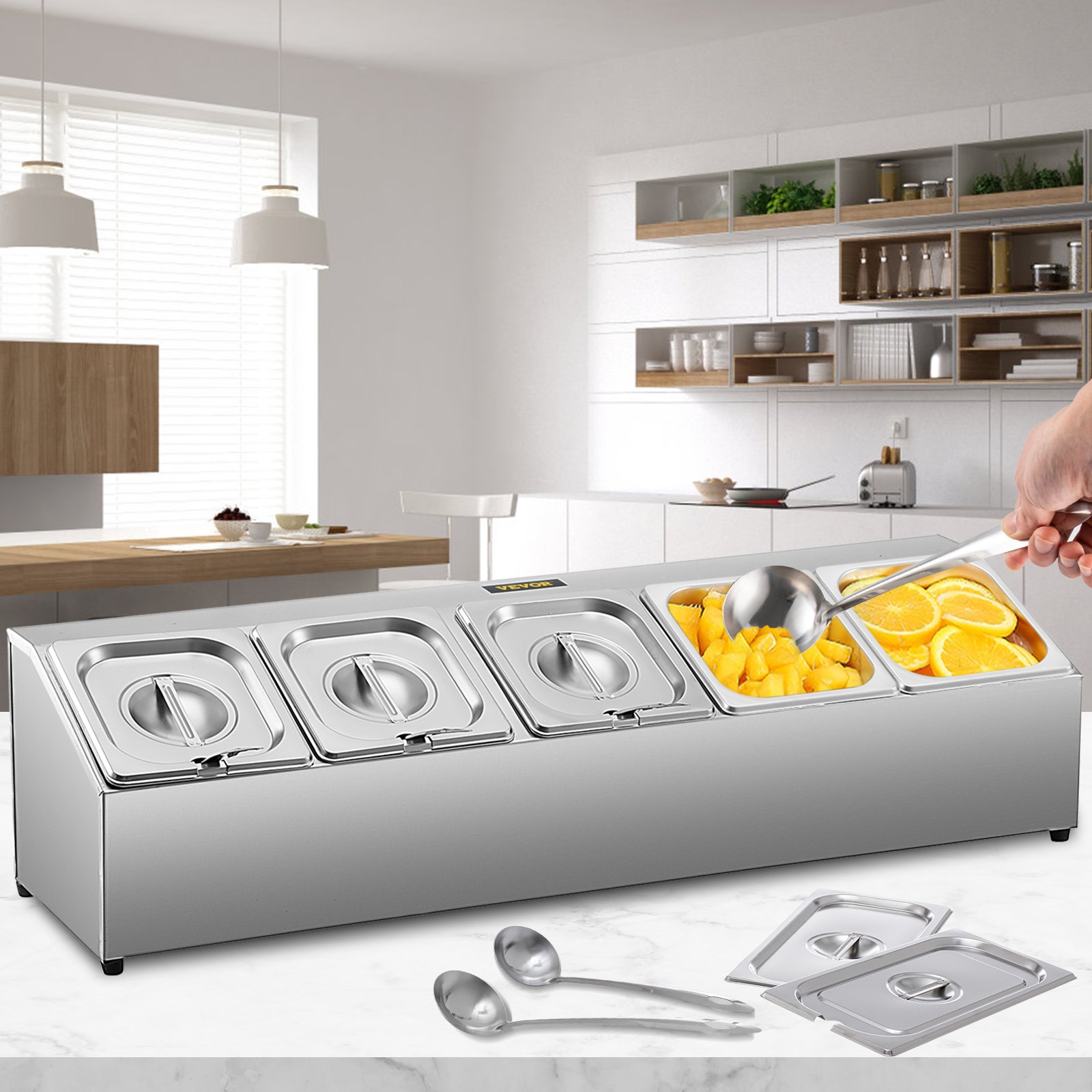 Estante para especias VEVOR en una cocina moderna, con compartimentos de acero inoxidable.