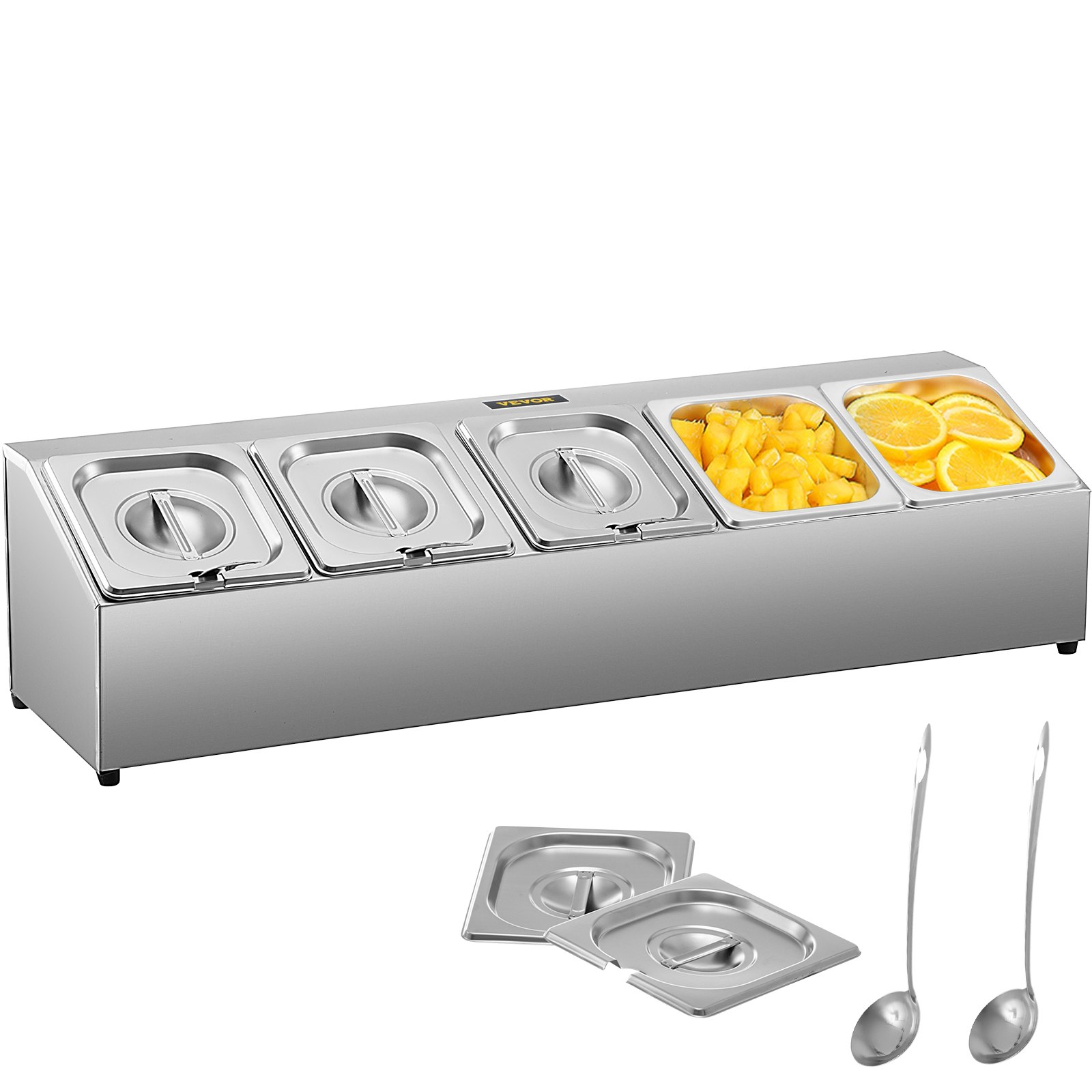 Estante para especias VEVOR con compartimentos de acero inoxidable y cucharas para servir.