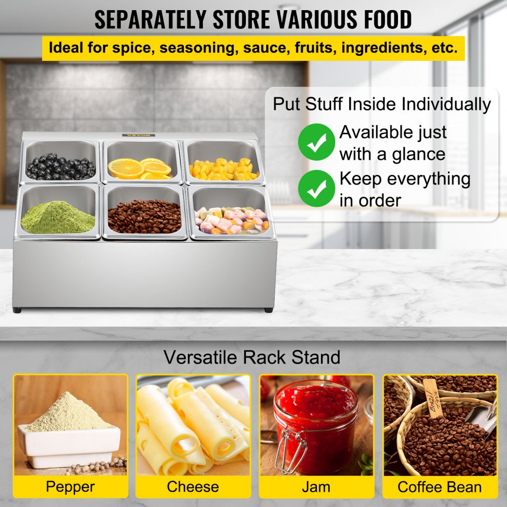Estante para especias VEVOR, dos filas, soporte organizador de acero inoxidable con seis sartenes de 1/6 y seis cucharones, soporte inclinado para encimera para condimentar salsa, mermelada, ingredientes de frutas, para uso en despensa de cocina