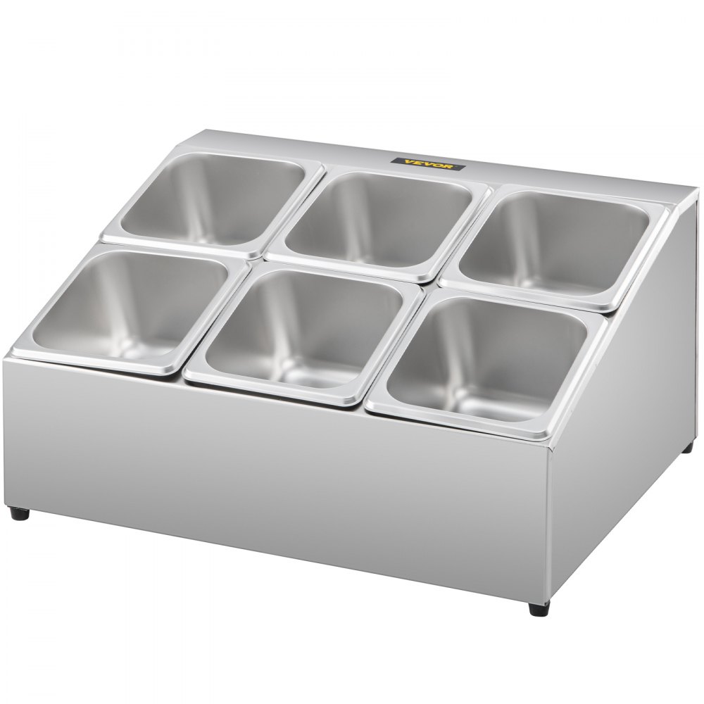 Estante para especias VEVOR, dos filas, soporte organizador de acero inoxidable con seis sartenes de 1/6 y seis cucharones, soporte inclinado para encimera para condimentar salsa, mermelada, ingredientes de frutas, para uso en despensa de cocina