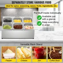 Estante para especias VEVOR, dos filas, soporte organizador de acero inoxidable con seis sartenes de 1/6 y seis cucharones, soporte inclinado para encimera para condimentar salsa, mermelada, ingredientes de frutas, para uso en despensa de cocina