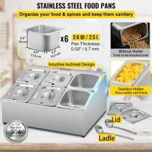 Estante para especias VEVOR, dos filas, soporte organizador de acero inoxidable con seis sartenes de 1/6 y seis cucharones, soporte inclinado para encimera para condimentar salsa, mermelada, ingredientes de frutas, para uso en despensa de cocina