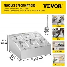 Estante para especias VEVOR, dos filas, soporte organizador de acero inoxidable con seis sartenes de 1/6 y seis cucharones, soporte inclinado para encimera para condimentar salsa, mermelada, ingredientes de frutas, para uso en despensa de cocina