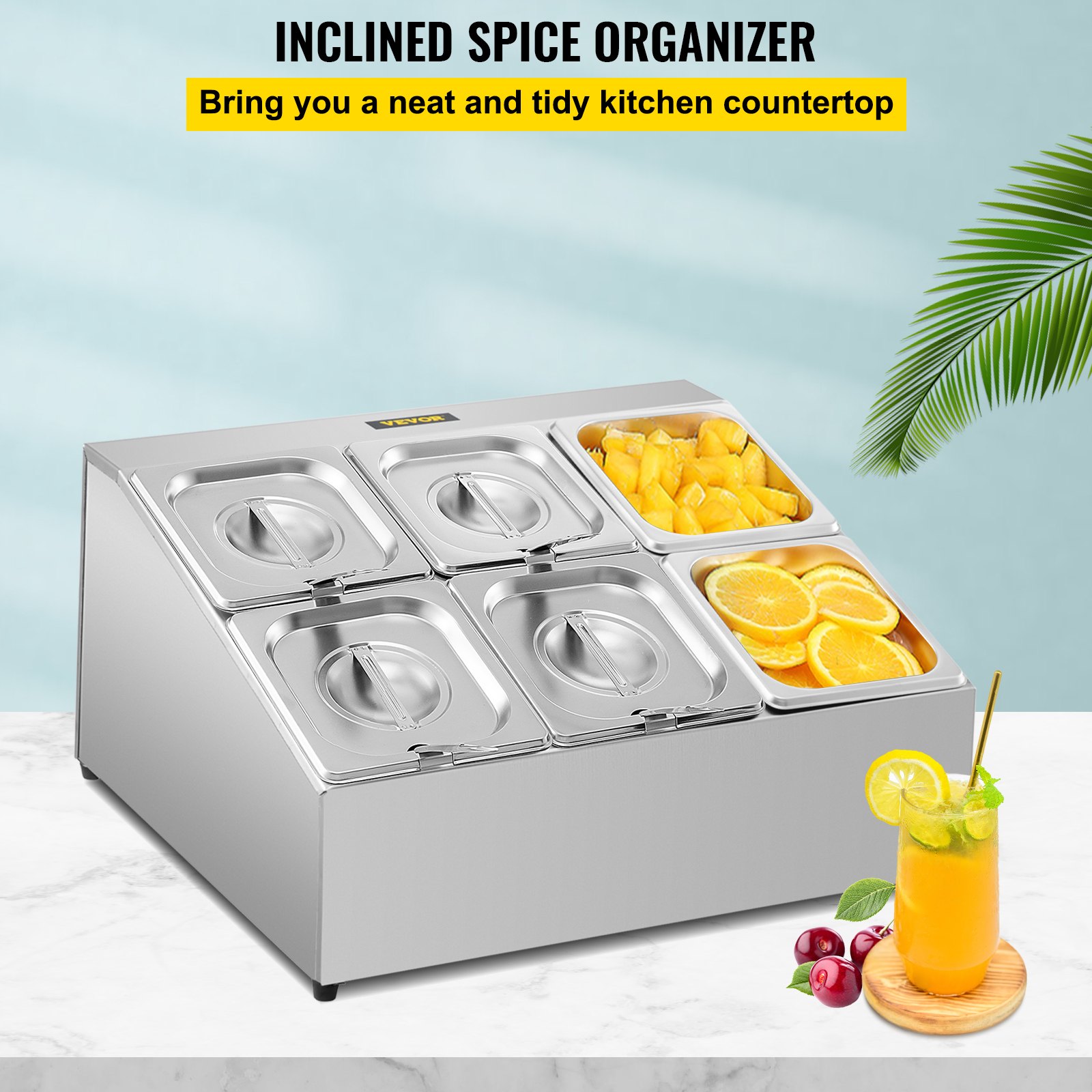 Estante para especias VEVOR, dos filas, soporte organizador de acero inoxidable con seis sartenes de 1/6 y seis cucharones, soporte inclinado para encimera para condimentar salsa, mermelada, ingredientes de frutas, para uso en despensa de cocina