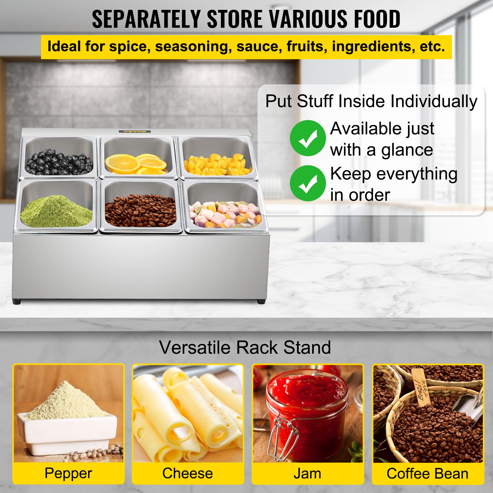 Estante para especias VEVOR, dos filas, soporte organizador de acero inoxidable con seis sartenes de 1/6 y seis cucharones, soporte inclinado para encimera para condimentar salsa, mermelada, ingredientes de frutas, para uso en despensa de cocina