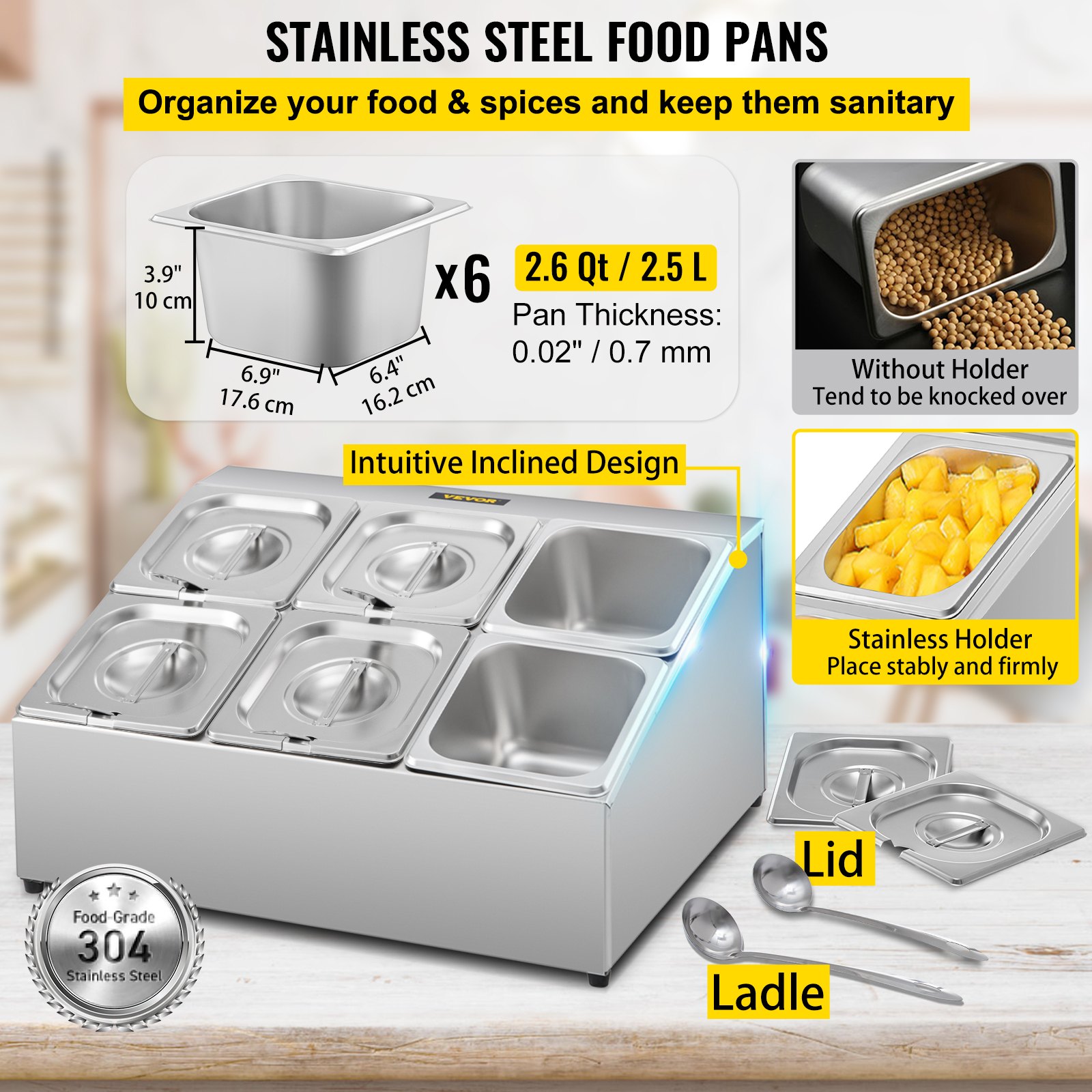 Estante para especias VEVOR, dos filas, soporte organizador de acero inoxidable con seis sartenes de 1/6 y seis cucharones, soporte inclinado para encimera para condimentar salsa, mermelada, ingredientes de frutas, para uso en despensa de cocina
