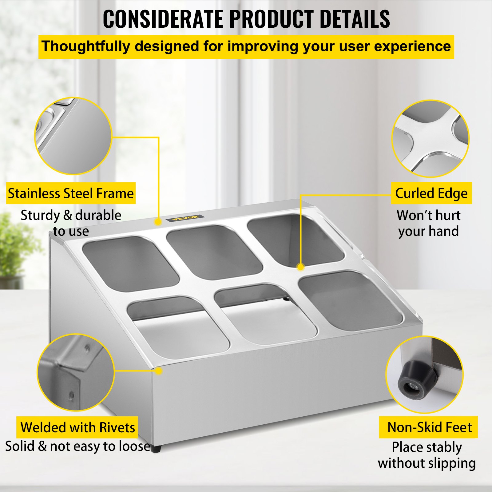Estante para especias VEVOR, dos filas, soporte organizador de acero inoxidable con seis sartenes de 1/6 y seis cucharones, soporte inclinado para encimera para condimentar salsa, mermelada, ingredientes de frutas, para uso en despensa de cocina