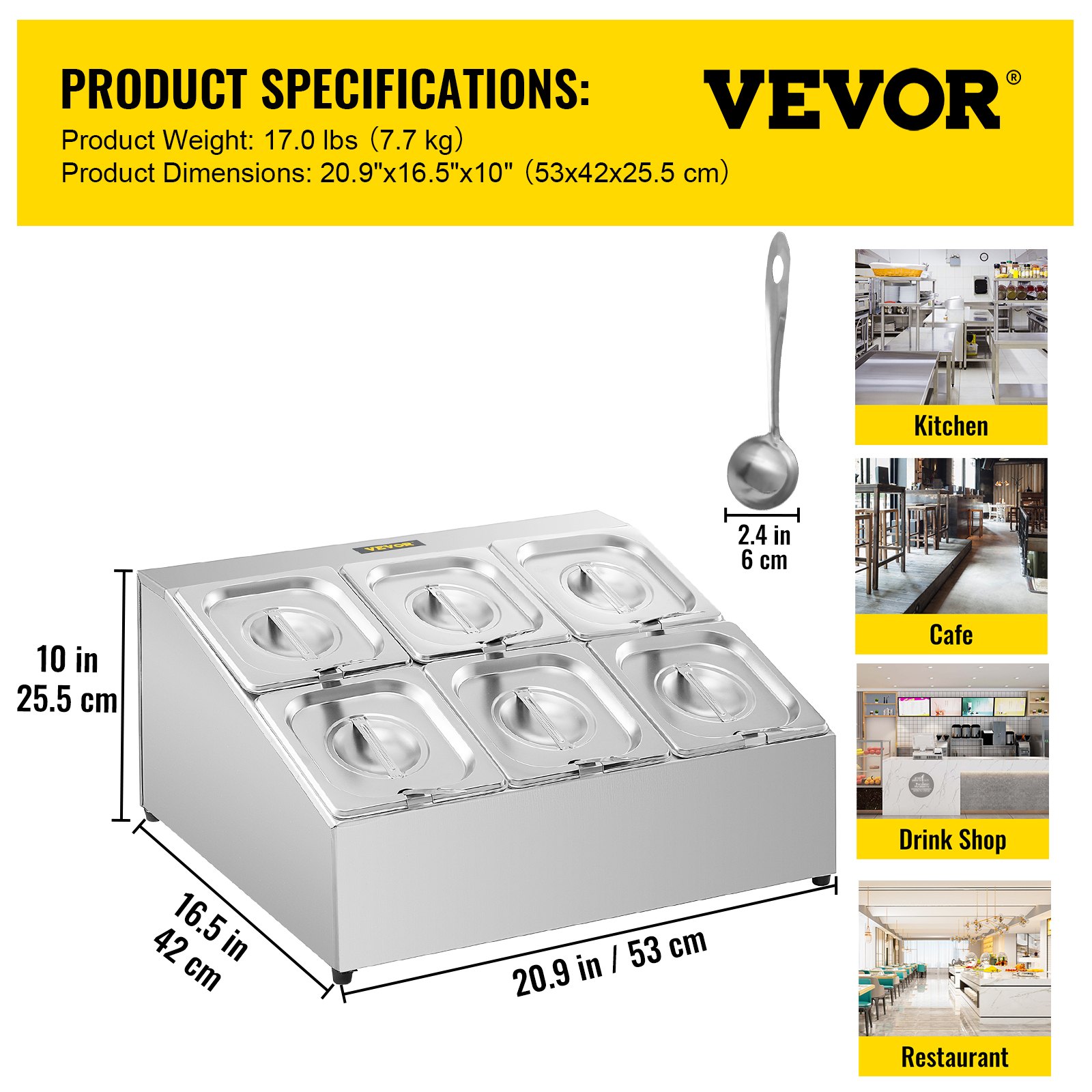 Estante para especias VEVOR, dos filas, soporte organizador de acero inoxidable con seis sartenes de 1/6 y seis cucharones, soporte inclinado para encimera para condimentar salsa, mermelada, ingredientes de frutas, para uso en despensa de cocina