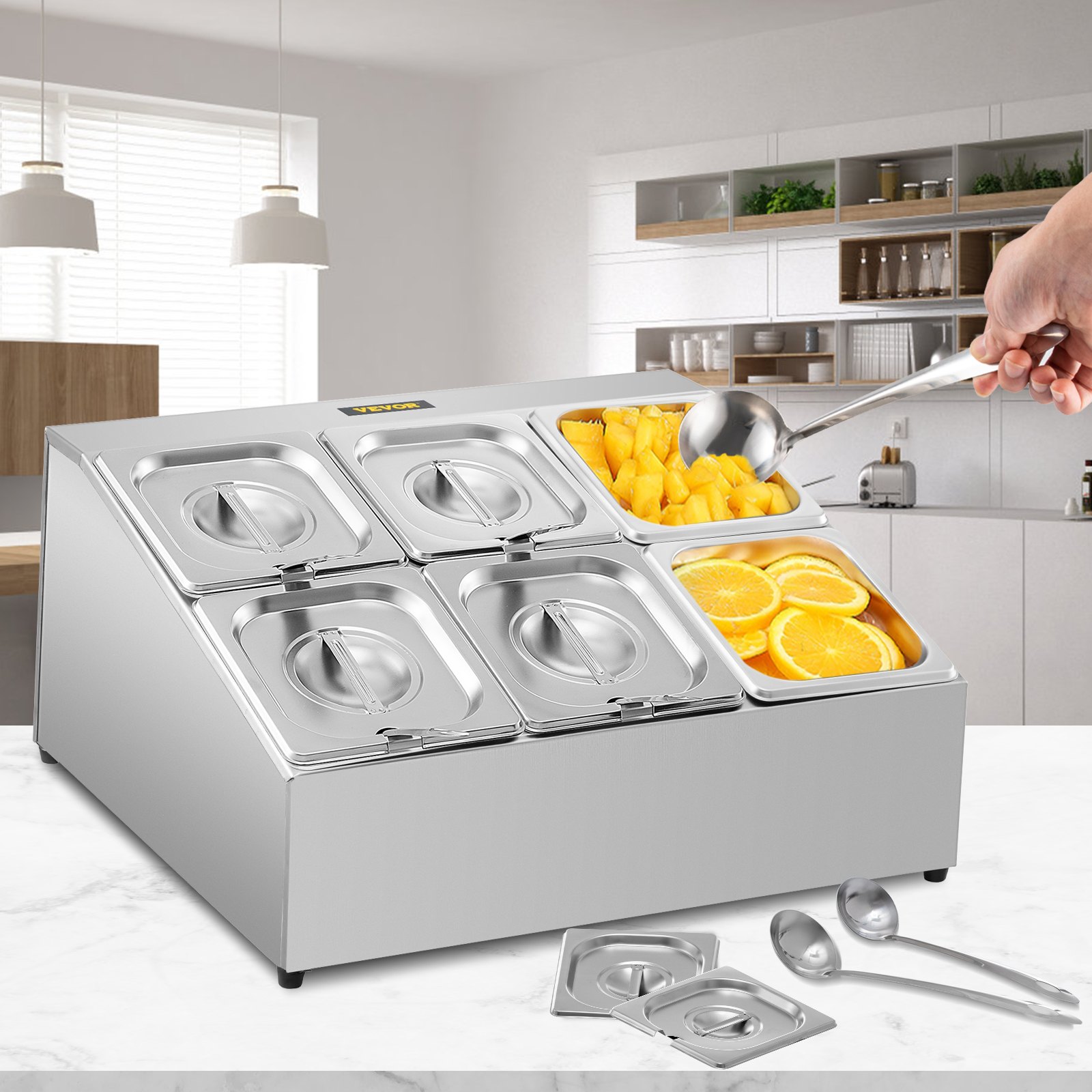 Estante para especias VEVOR, dos filas, soporte organizador de acero inoxidable con seis sartenes de 1/6 y seis cucharones, soporte inclinado para encimera para condimentar salsa, mermelada, ingredientes de frutas, para uso en despensa de cocina