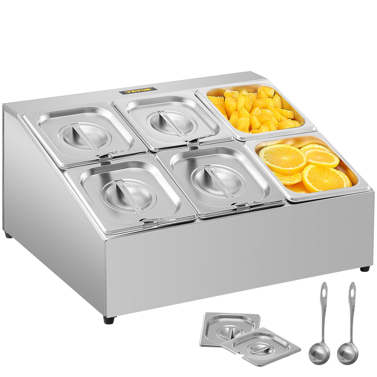 Estante para especias VEVOR, dos filas, soporte organizador de acero inoxidable con seis sartenes de 1/6 y seis cucharones, soporte inclinado para encimera para condimentar salsa, mermelada, ingredientes de frutas, para uso en despensa de cocina